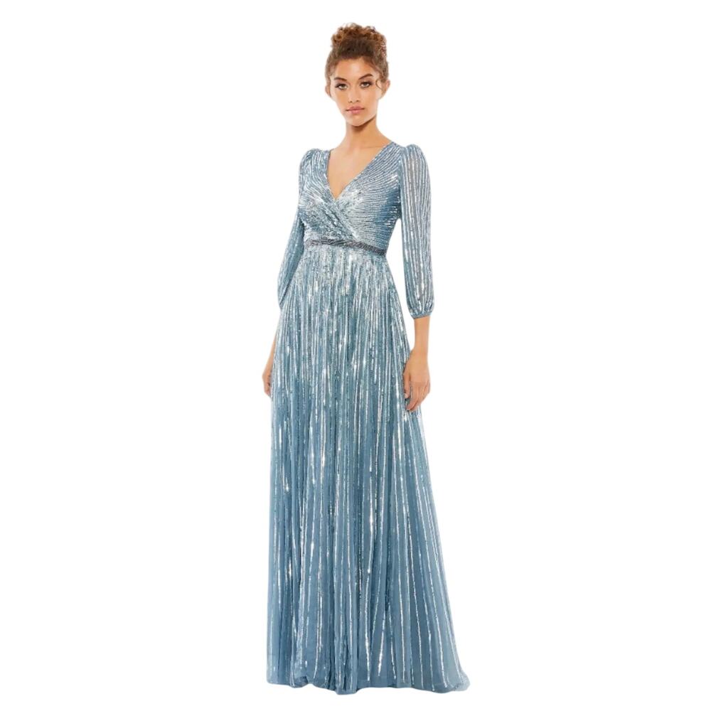 Mac Duggal NWT Sequined Wrap Over 3/4 Sleeve Gown in Slate Blue Size 2